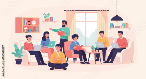 Diverse group collaborates in a cozy living room with laptops and books