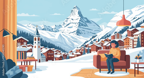 Cozy indoor scene overlooking snow-covered village and majestic mountain