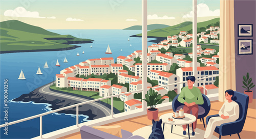 Cozy indoor scene overlooking a picturesque coastal town with sailboats