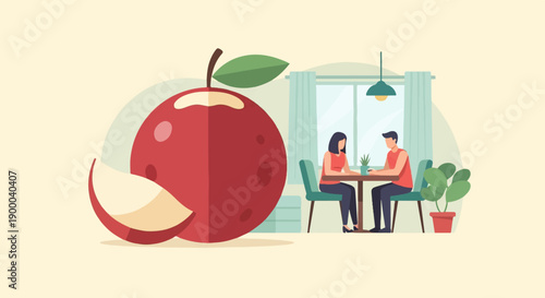 Couple sitting at table with large apple and plant in room