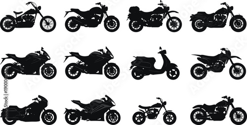 Motorcycle silhouettes collection with sport bike, chopper and scooter isolated on white background illustration set