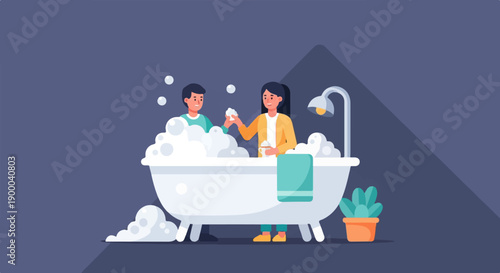 Couple enjoying a bubbly bath together with soap