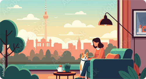 Cozy indoor scene with a woman, dog, and cityscape view at sunset