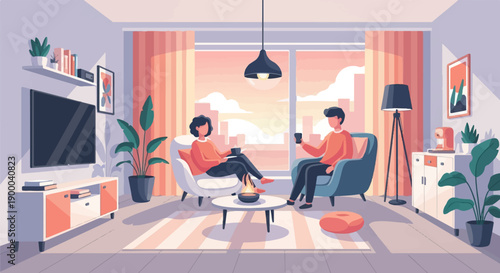 Couple enjoying a cozy evening indoors with drinks and a fireplace