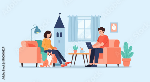 Cozy indoor scene with couple, dog, and computer at home