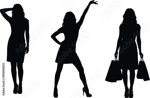 Three black silhouettes of women in dresses and heels shopping bags