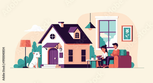 Family relaxing at home with their dog and technology