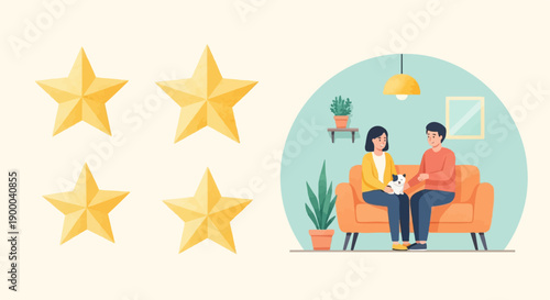 Couple sitting on sofa with dog and four stars in a room