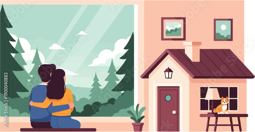 Couple embraces in window overlooking forest; cozy house features dog