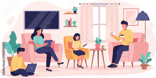 Family relaxing in living room, using technology