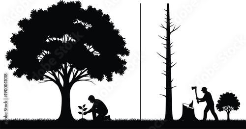Black silhouettes of people planting and chopping down trees