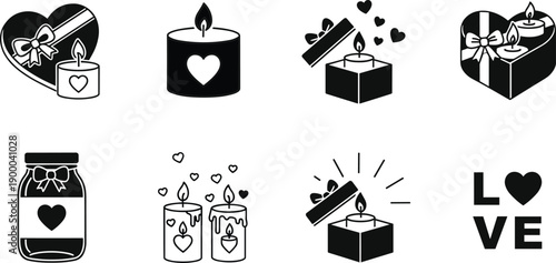 Valentines day candle and heart gift icons set, romantic love silhouettes isolated on white background for celebration design
