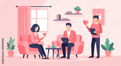 Couple talking to a therapist with heart symbols present
