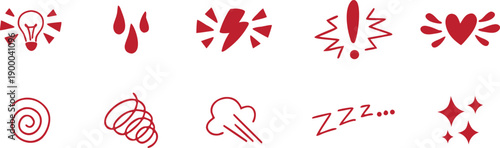 Red hand drawn doodle icon set. Expressive symbols for emotions, alerts, and ideas. Playful sketch elements ideal for UI, stickers, and social content.