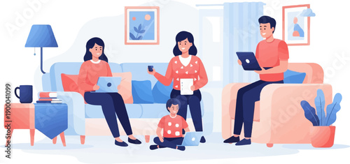 Family relaxing together indoors using laptops and tablets for work and leisure