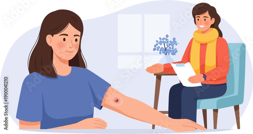 Doctor examines a patient's arm with a visible mark