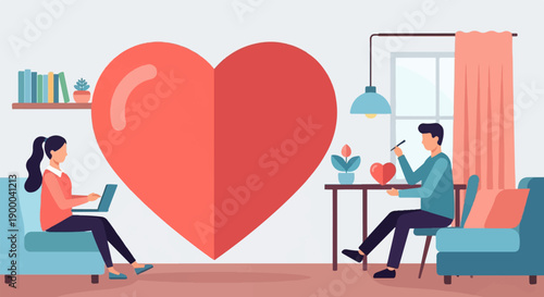 Couple connected by a giant heart, working remotely in cozy rooms