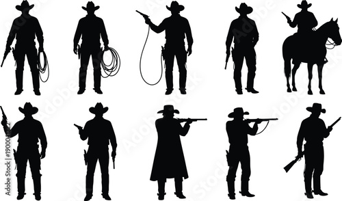 Wild west cowboy silhouettes set, gunslinger sheriff rider with horse and rifle isolated on white background for western design