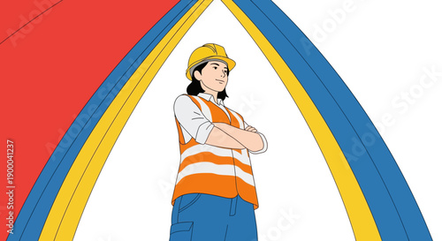 Confident Female Engineer or Construction Worker Illustration. Professional woman in hard hat and safety vest, arms crossed, low-angle view against abstract colorful background.