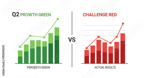 Business Performance Comparison Infographic: Green Growth Chart vs. Red Challenge and Actual Results Data Visualization
