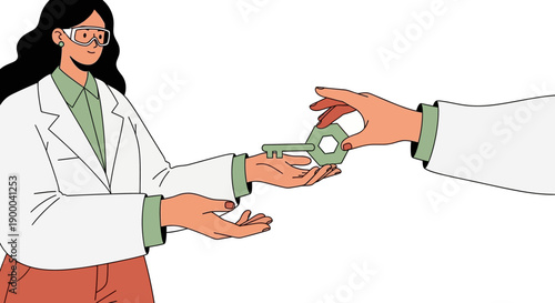 Scientist Receiving Hexagonal Molecular Key from Colleague. Concept of Scientific Discovery, Solution Handoff, and Collaboration.