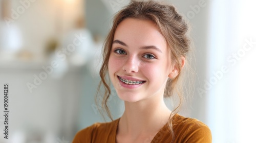Smiling caucasian female teen with braces in a brown top indoors Free Download Smiling caucasian female teen with braces in a brown top indoors - GFXLoad