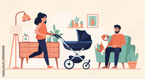 Family scene with woman pushing stroller, man with dog on sofa