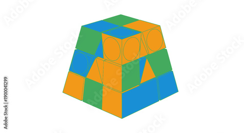 Colorful Geometric Building Blocks Puzzle Pyramid. Abstract Structure for STEM, Logic, Complexity, and Solution Concept.