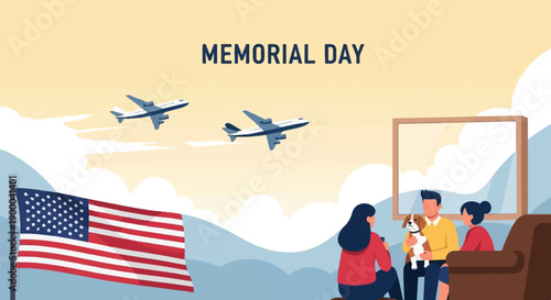 Family with dog watches airplanes fly over hills on Memorial Day