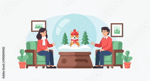 Couple watches cute dog in snow globe