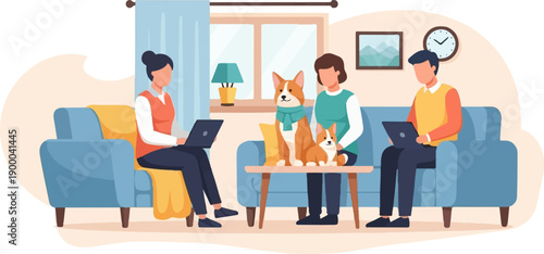 Family with dogs on sofa using laptops inside