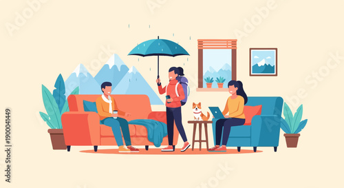 Cozy indoor scene with people, dog, and mountain backdrop
