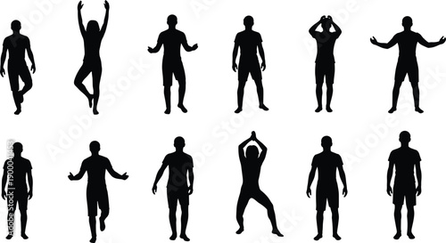 Black silhouettes of people in various poses on white background