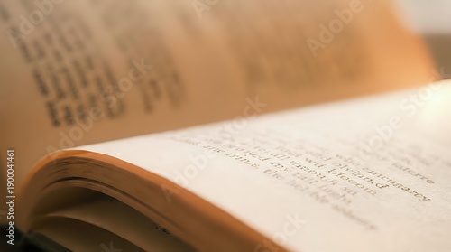Open book with pages displaying text in warm golden lighting creating educational study atmosphere for academic research and learning.
