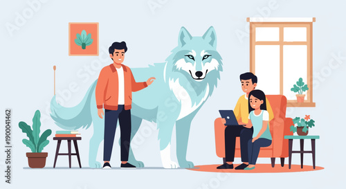 Family with giant wolf and pet plants in a modern home