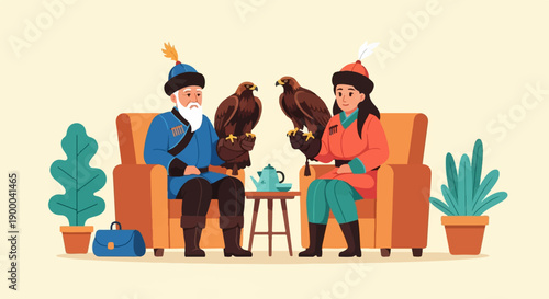 Diverse couple with eagles on seats, a tea set, and plants around