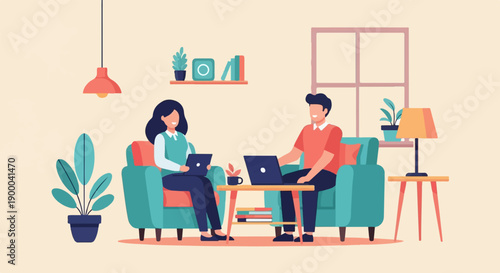 Diverse couple working remotely on laptops in a cozy living room