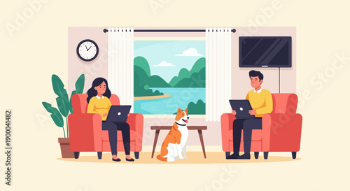 Diverse couple and dog relax in armchairs while working on laptops