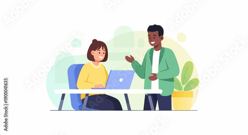 Diverse colleagues collaborate on a laptop in a bright, stylized office setting