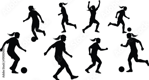 Women soccer player silhouettes in dynamic action poses isolated on white background sports illustration collection set