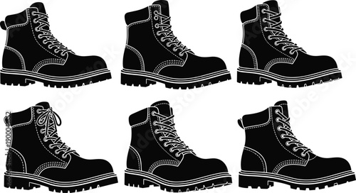 Work boots silhouettes set, black leather lace up safety footwear icons isolated on white background for fashion design