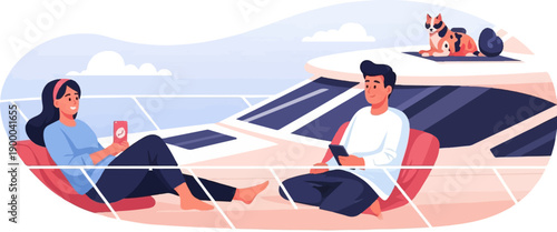 Couple with cat relaxing on a yacht, using phones, sunny day