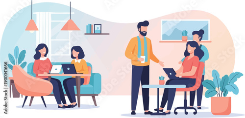 Diverse colleagues collaborate in a modern office setting with laptops