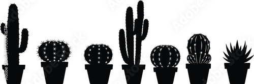 Black silhouettes of various cacti and succulents in pots cactus white background