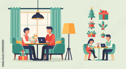 Cozy indoor scene with people working on laptops and festive holiday icons