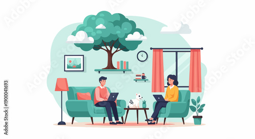 Cozy indoor scene with people working on laptops and a dog