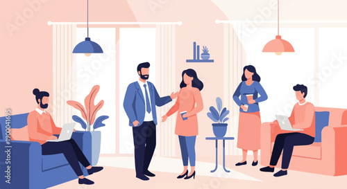 Diverse colleagues collaborate and work remotely in a cozy office space