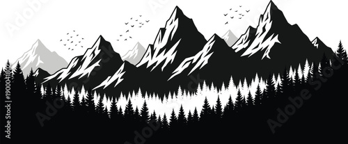 Black and white mountain range with trees and birds mountains
