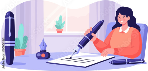 Creative person writing with a fountain pen in a room with plants