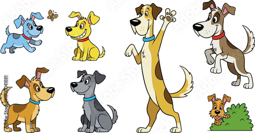 Diverse cartoon puppies play and peek from behind a bush